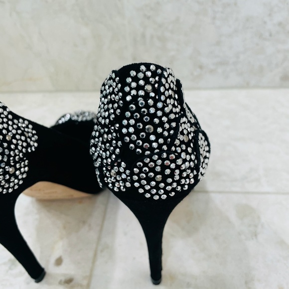 KAREN MILLEN {6} Black Silver Beaded Pumps Peep Toe Stiletto - Picture 8 of 16